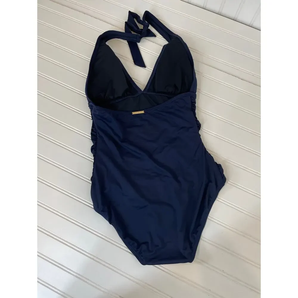 NWOT Michael Kors One Piece Bathing Suit Navy Blue V-Neck Padded Swimsuit Size S
